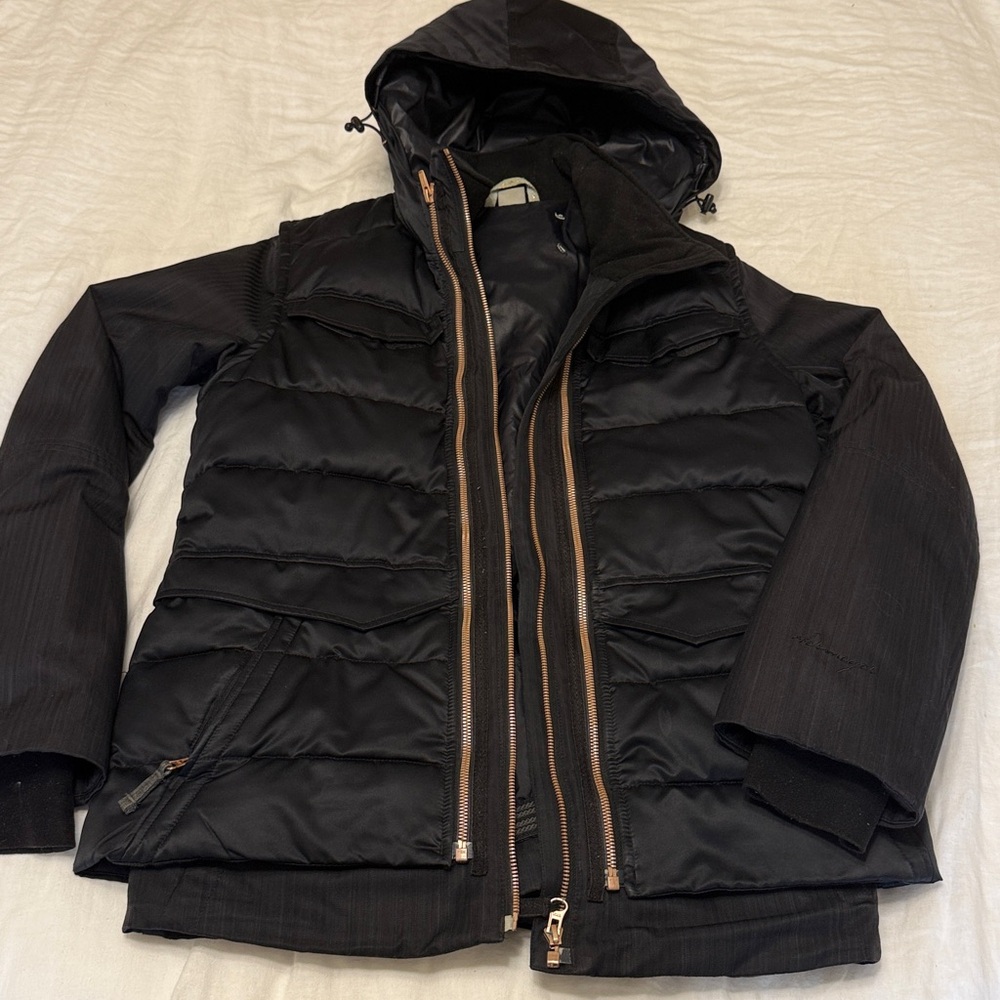 Obermeyer Black Hooded Puffer Jacket with Gold Zippers